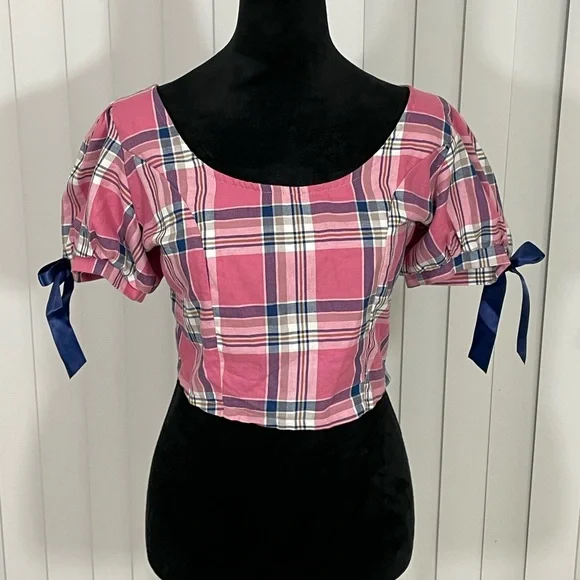SUGAR THRILLZ French Exchange Plaid Puff Sleeve Corset Crop Top Pink Blue Large - Picture 3 of 8
